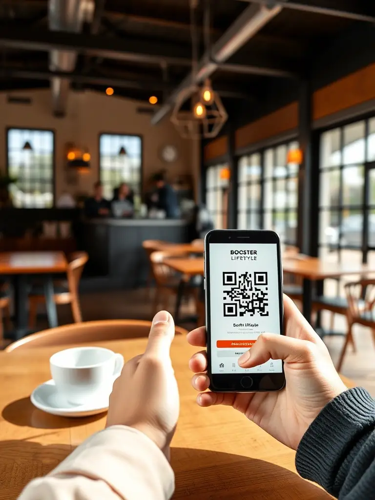 A person using the Booster Lifestyle App on their smartphone to scan a QR code at a local coffee shop, receiving an instant discount.