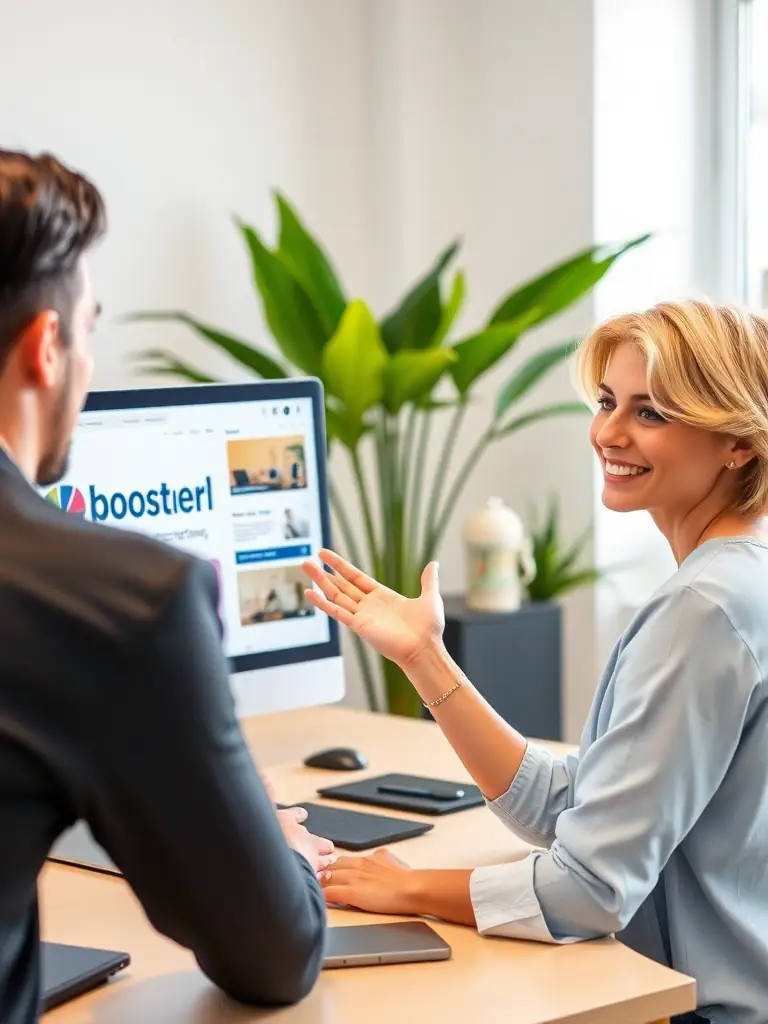 A friendly onboarding specialist guiding a new affiliate through the Booster International platform, demonstrating personalized support and training.
