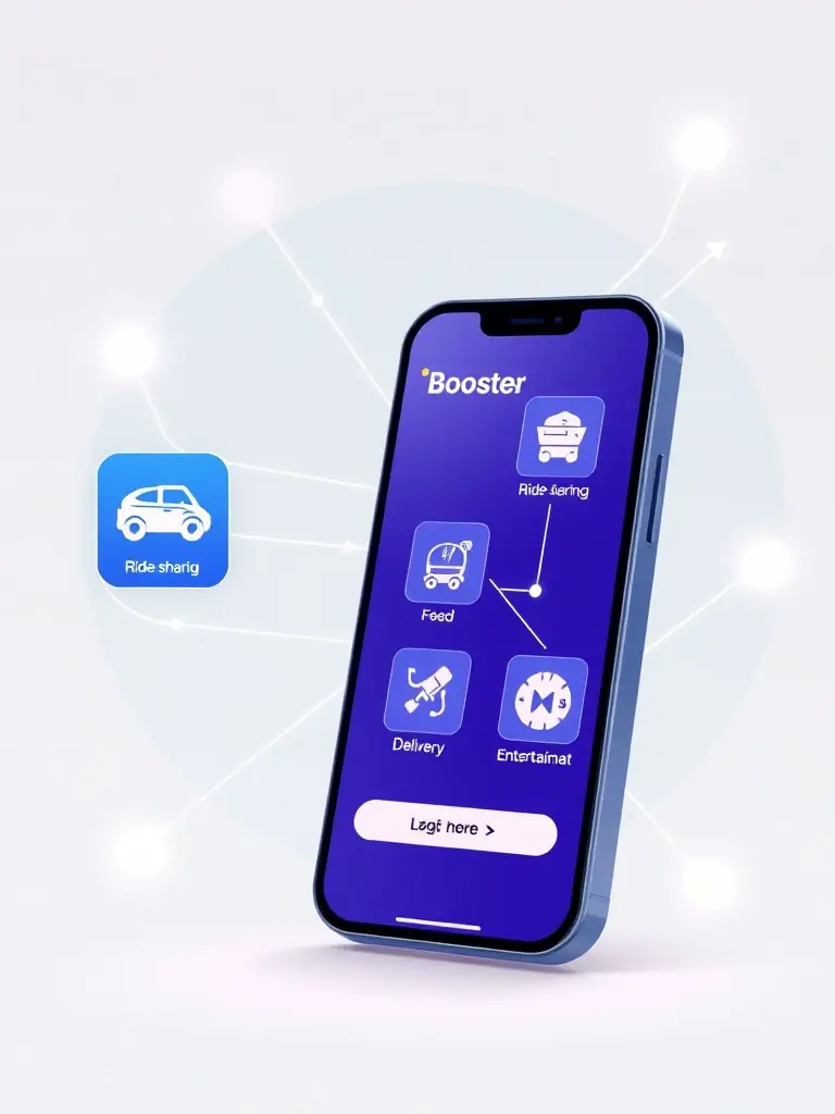 A visual representation of the Booster Lifestyle App's seamless integration with various digital services, such as ride-sharing, food delivery, and entertainment.