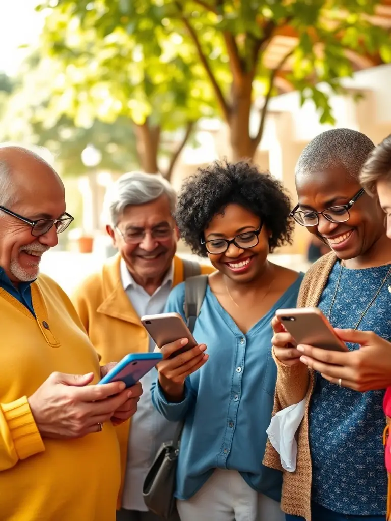 A diverse group of community members using the Booster app to support local businesses and contribute to fundraising efforts, showcasing the platform's inclusivity.