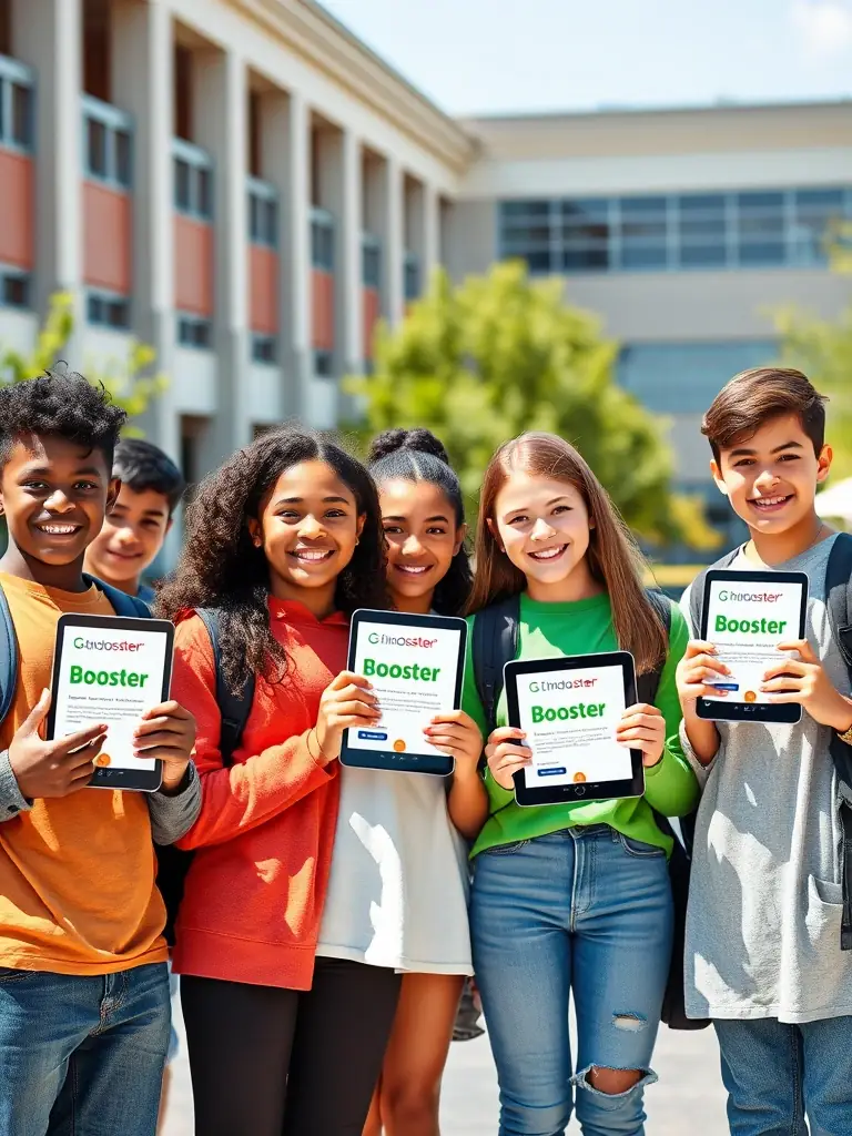A group of students participating in a school fundraising event, using Booster's platform to collect donations and support their school's initiatives.