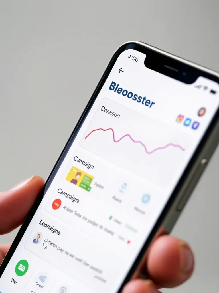 A screenshot of the Booster app interface, highlighting the fundraising features available to community partners, such as donation tracking and campaign management.