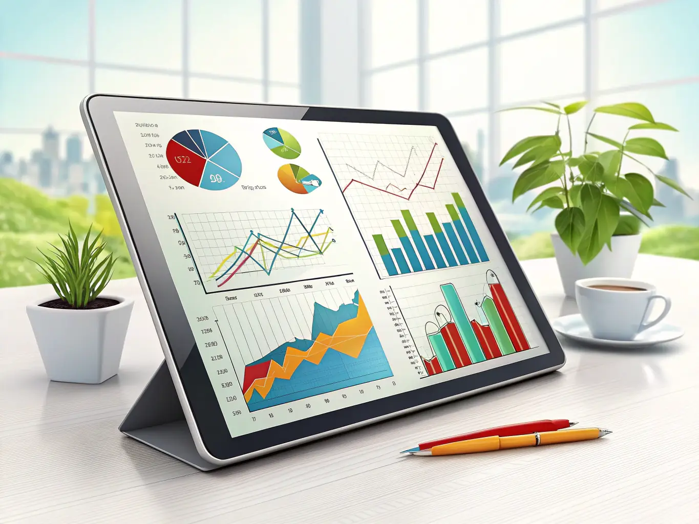 A digital illustration depicting a merchant using Booster's platform on a tablet, showcasing various business management tools and analytics dashboards.