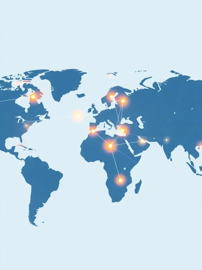 An illustration of a global network with affiliate links connecting different regions, representing the Affiliate Program.