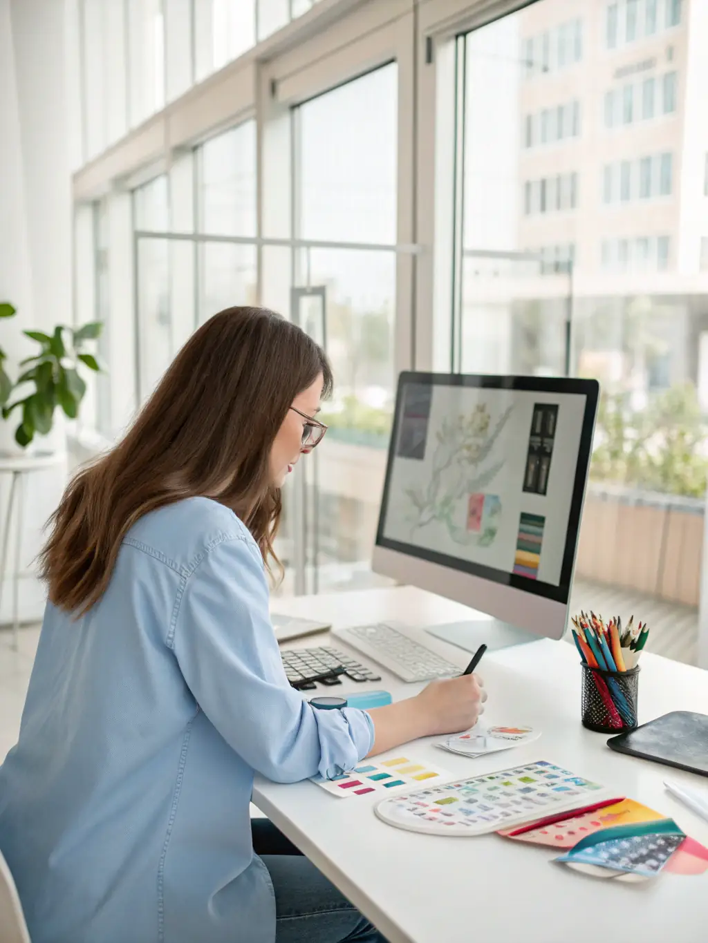 A professional headshot of a Booster International affiliate, smiling confidently while working on a laptop in a modern office setting, symbolizing success and flexibility.