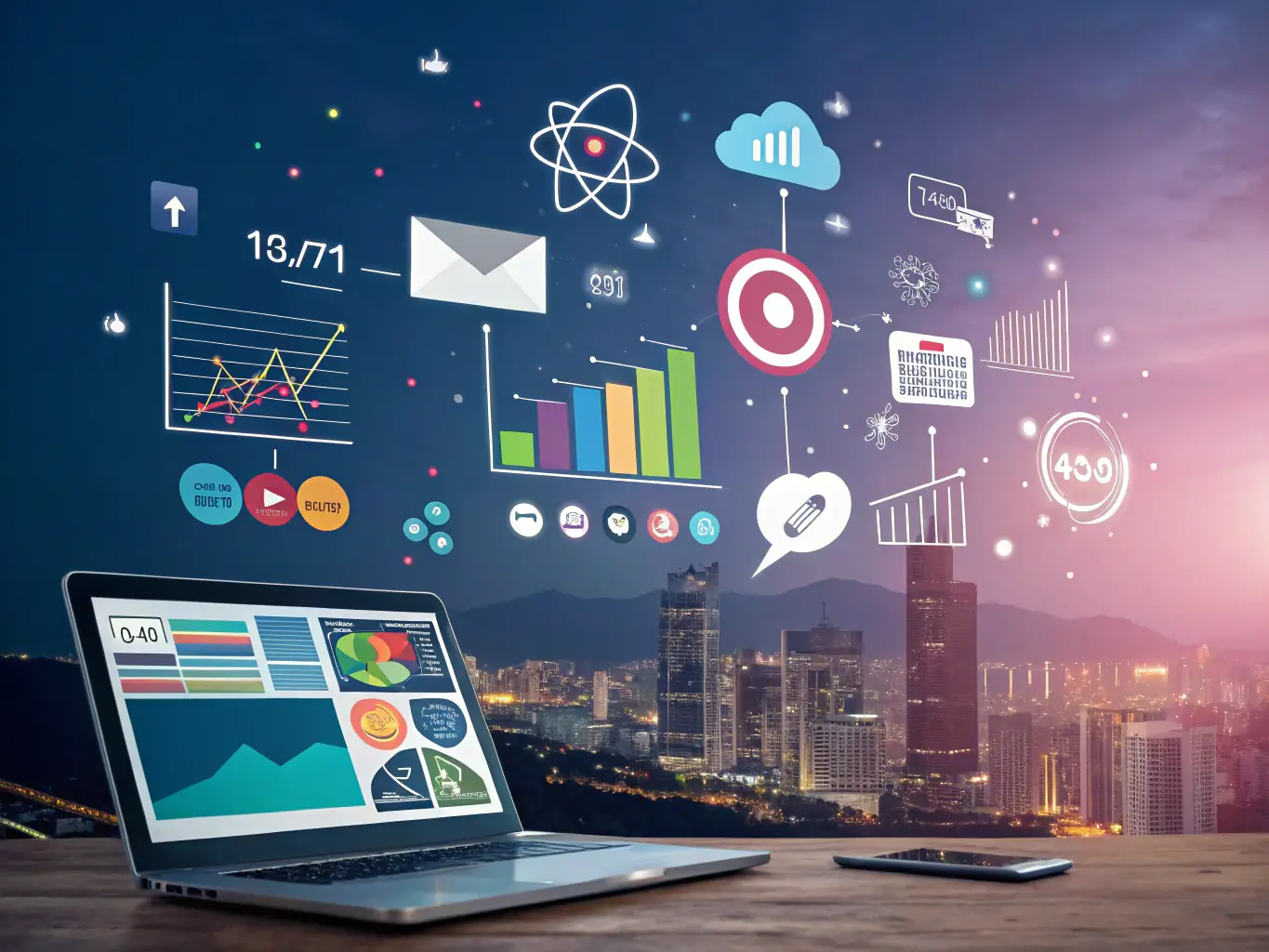 A vibrant image of various marketing tools and icons, representing the comprehensive marketing suite available on the Booster merchant platform.